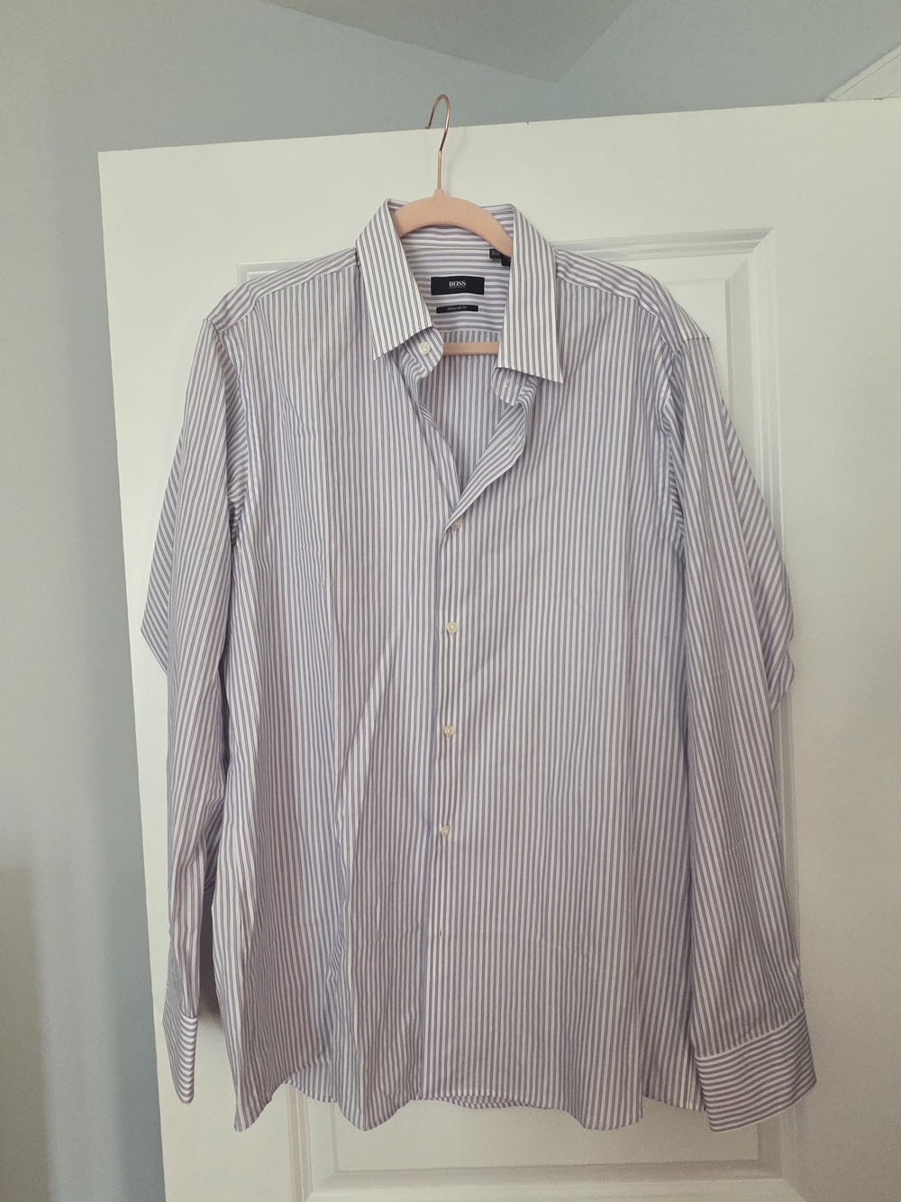 Hugo Boss Men's Blue and White Striped Dress Shirt 16.5